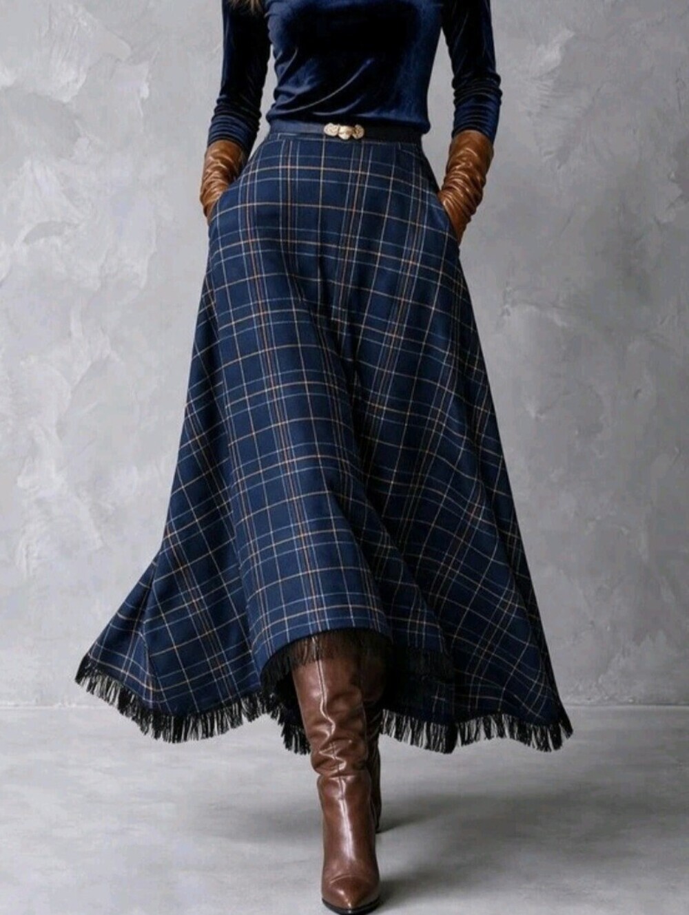 Navy Blue Plaid Asymmetrical Hem Skirt Autumn Outfit Cowgirl Outfits For Women - Picture 3 of 7